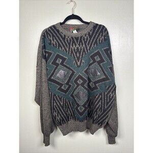 Vtg Oakton Ltd Wool Blend Sweater Large Tall Geometric 80s Print Leather Details